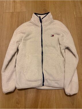 Tommy Hilfiger Cream Sherpa Zip-Up Jacket with Navy Trim